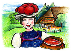 Illustration: Schwarzwälderin mit Bollenhut und Schinkenplatte